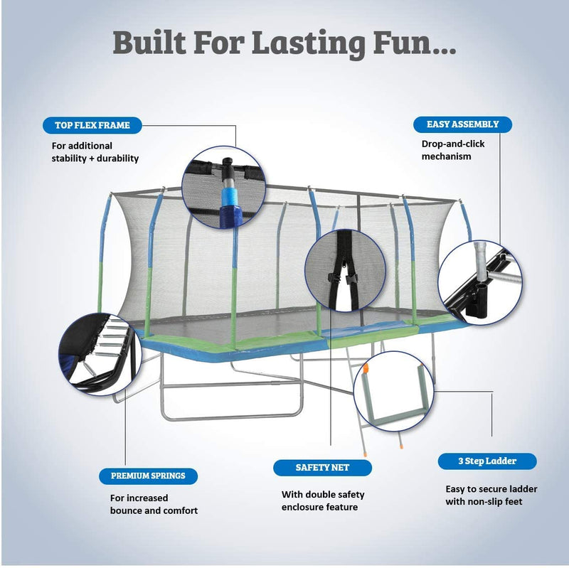 Rectangular Outdoor Trampoline with Fiber Flex Enclosure System & Bonus 3-Step Ladder